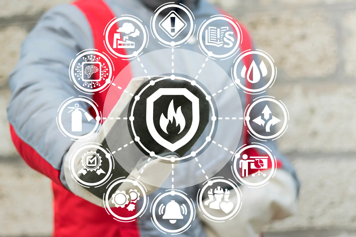 Industrial Smart Automatic Fire Control Extinguisher System. Industry engineer using virtual touchscreen pressing shield fire flame button.